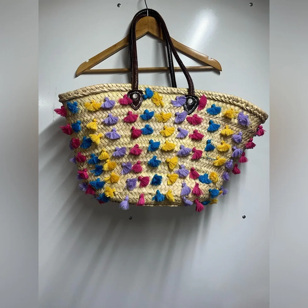 Soeur DU Marco straw tote travel beach bag neutral colorful tassles
